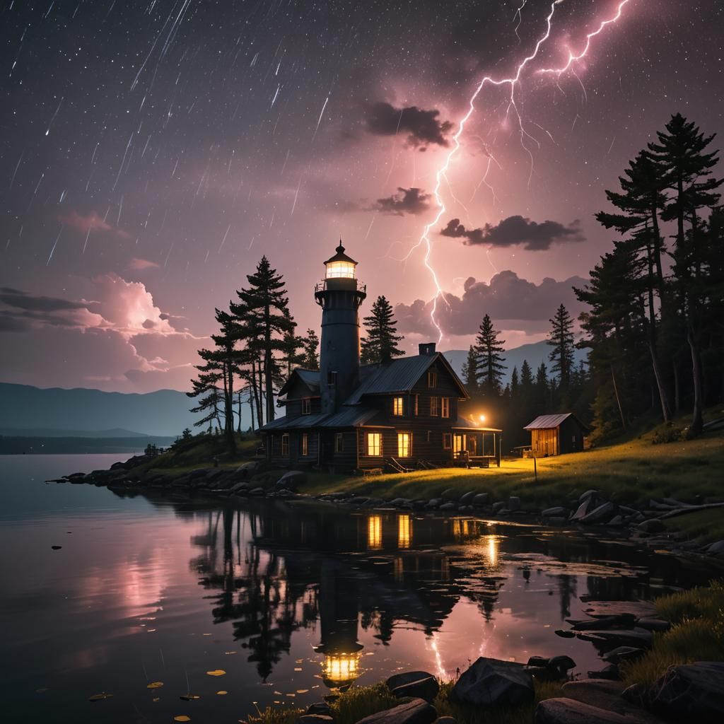 Cyberpunk Lighthouse Shines in Neon Aurora Landscape