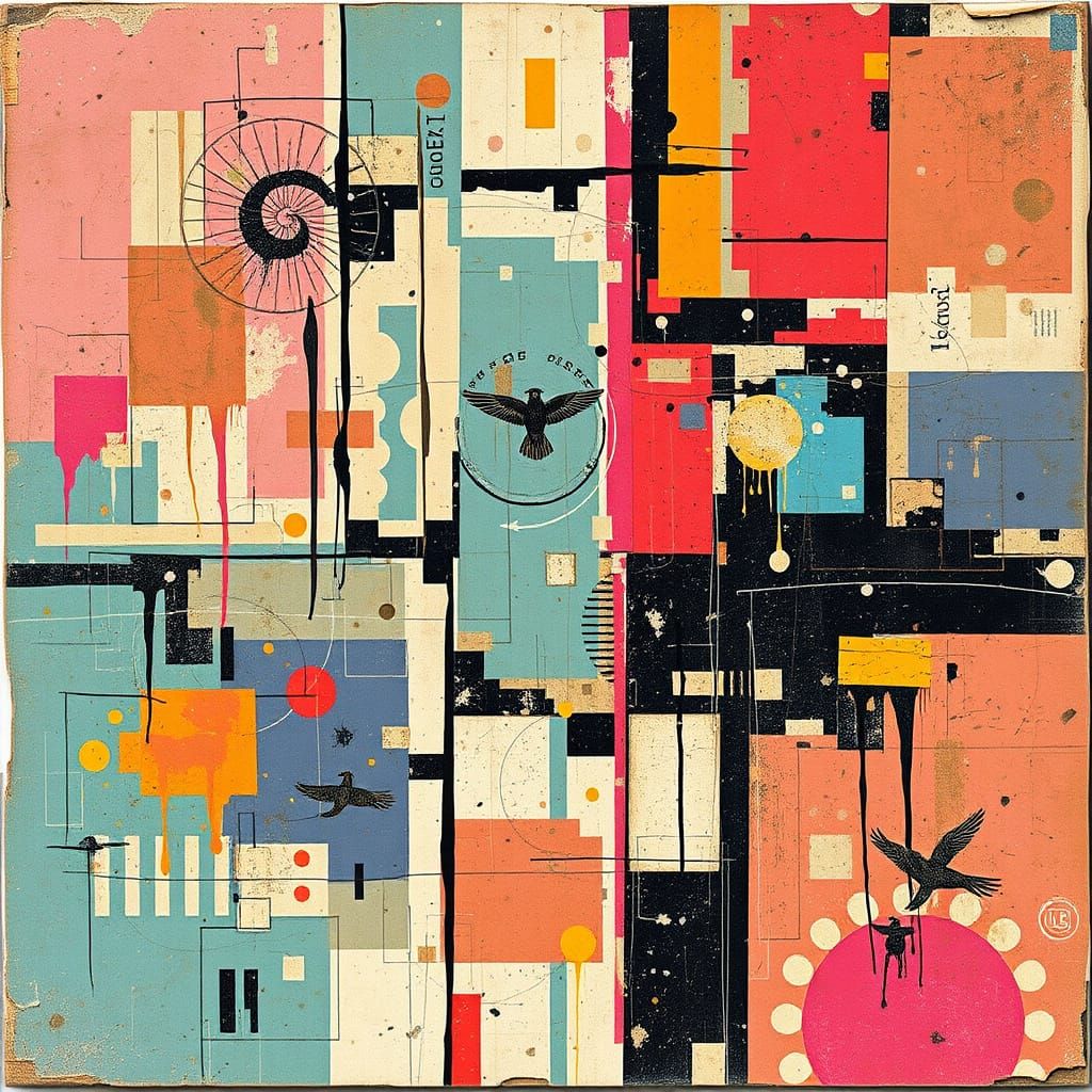 Weathered Vintage Collage in a Polychromatic Grunge Aestheti...