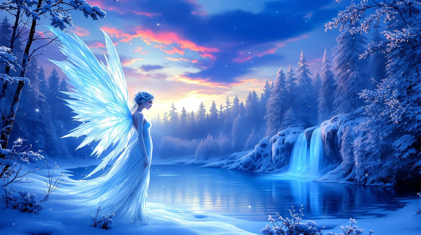 Icy Fairy in Moonlit Winter Forest