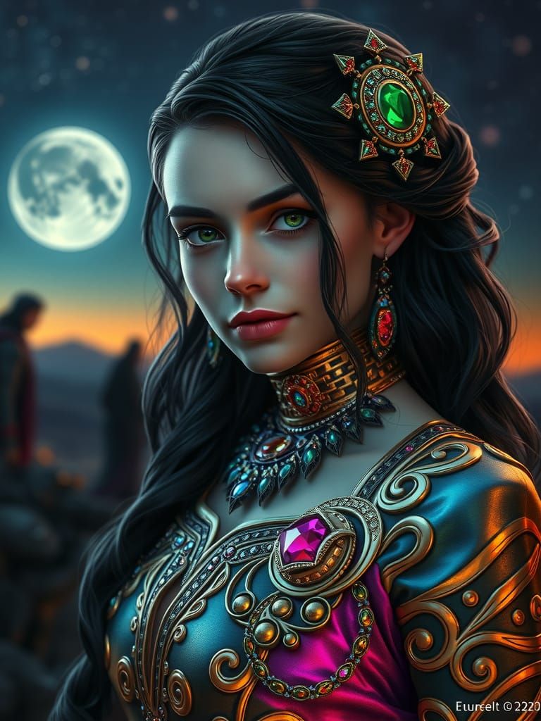 Ethereal Goddess in Iridescent Gown with Aurora-Inspired Pat...