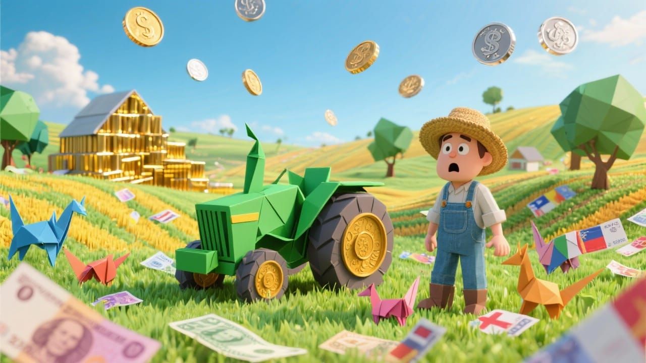 Surreal Papercraft Farm with Money Fields