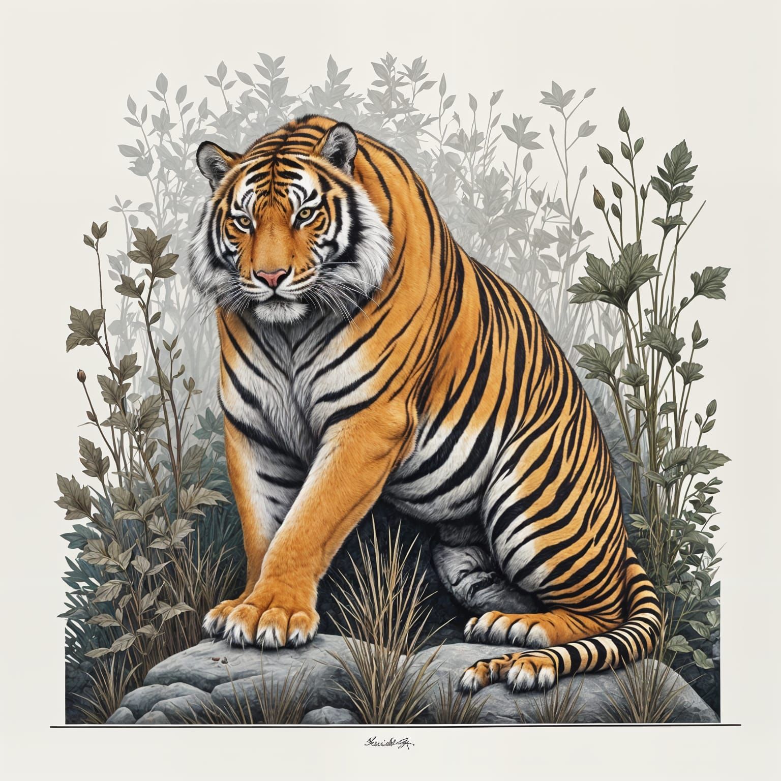Majestic Tiger in Dreamlike Landscape with Ink Strokes