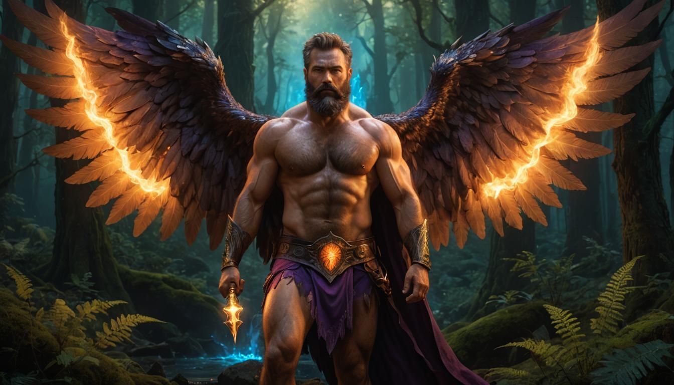 Fiery Angel Wings in Dark Fantasy Forest