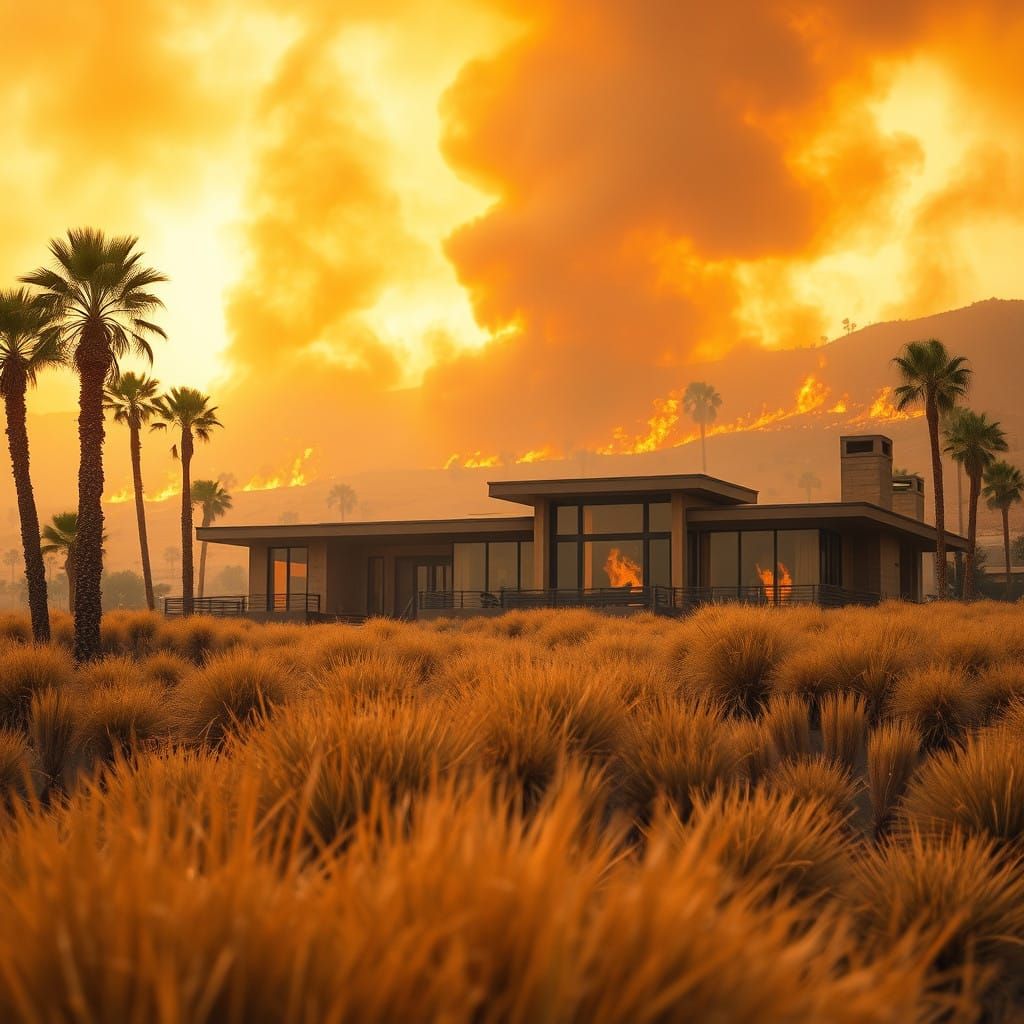 California House Surrounded by Wildfires in Golden Light