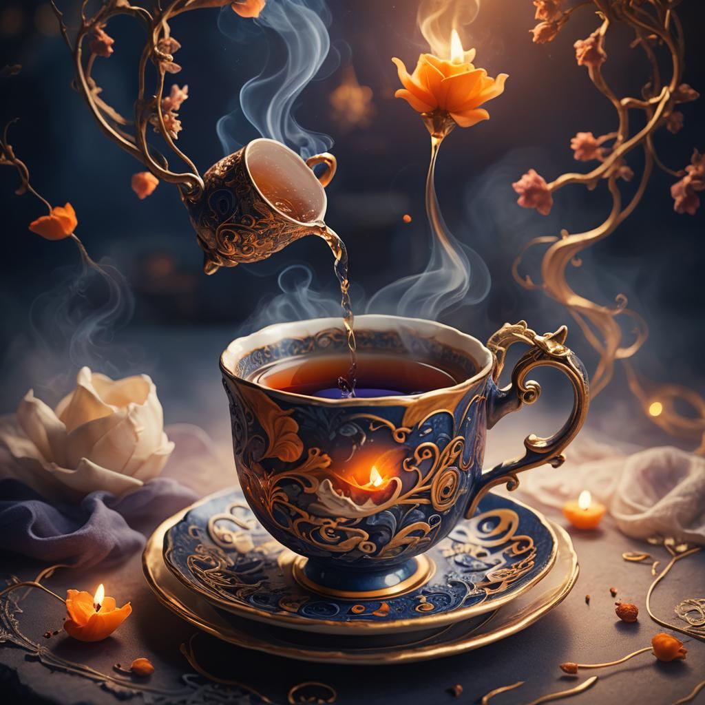 Dreamlike Teacup Steeping: A Matte Painting in Fantasy Reali...