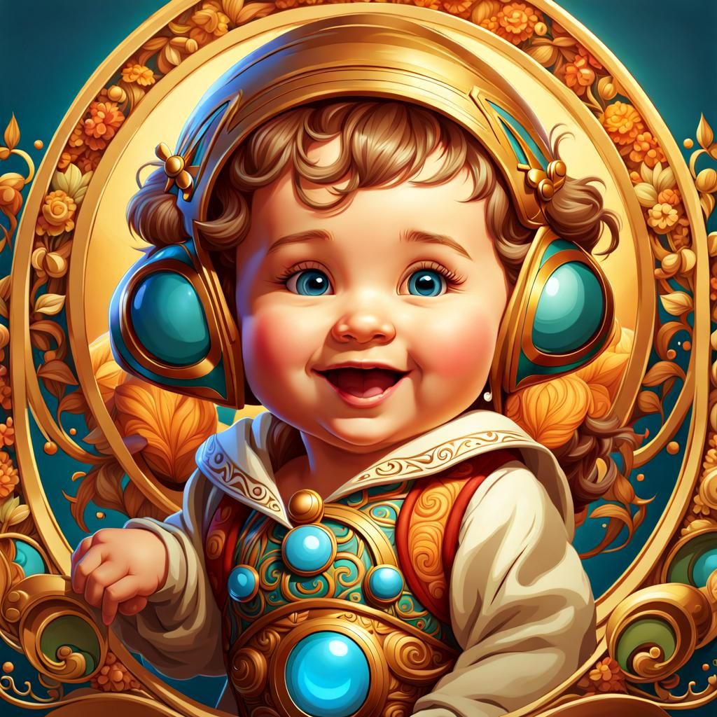 Cute Cartoon Baby Portrait in Art Nouveau Style