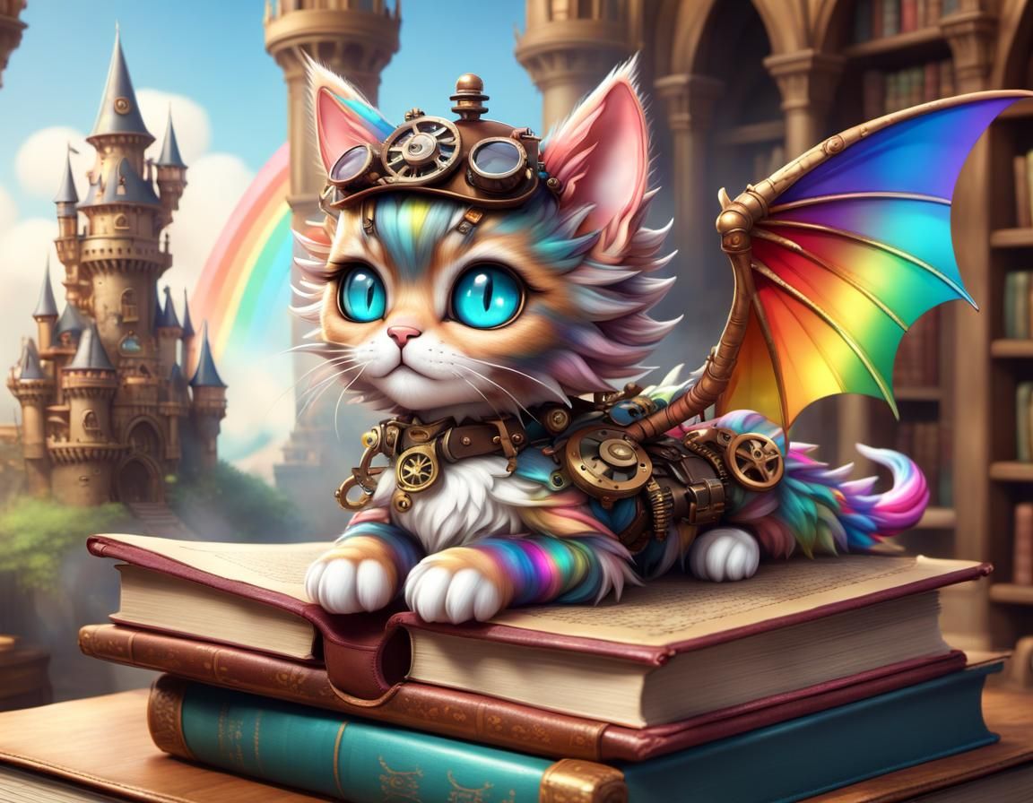 Steampunk Rainbow Dragon Cat in Fairytale Castle