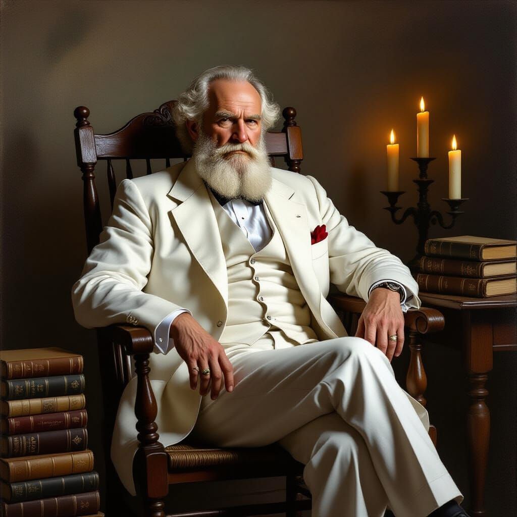 Tolstoy in White Suit, Somber Candlelit Portrait