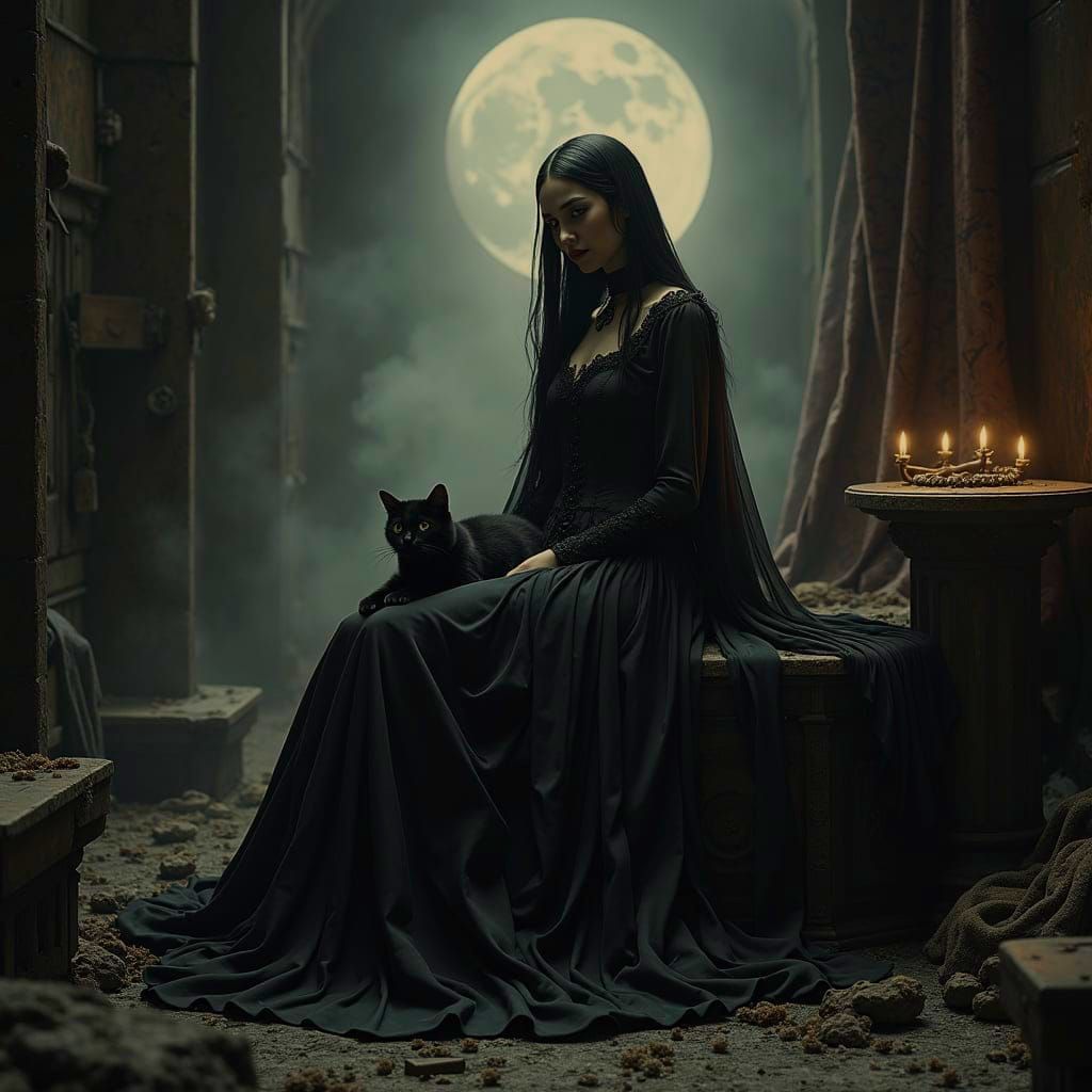 Gothic Widow Black Cat in Detailed Matte Painting
