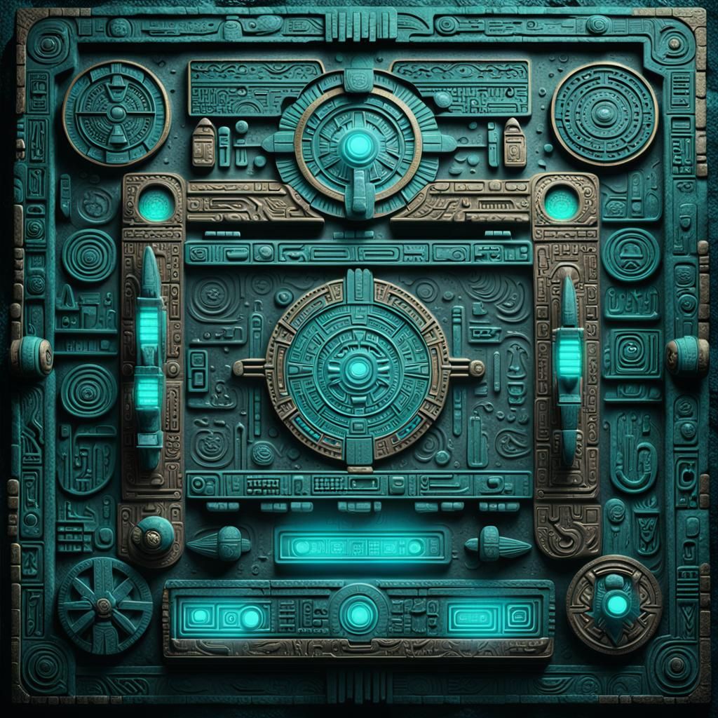 Aztec Starship Control Panel with Glowing Glyphs