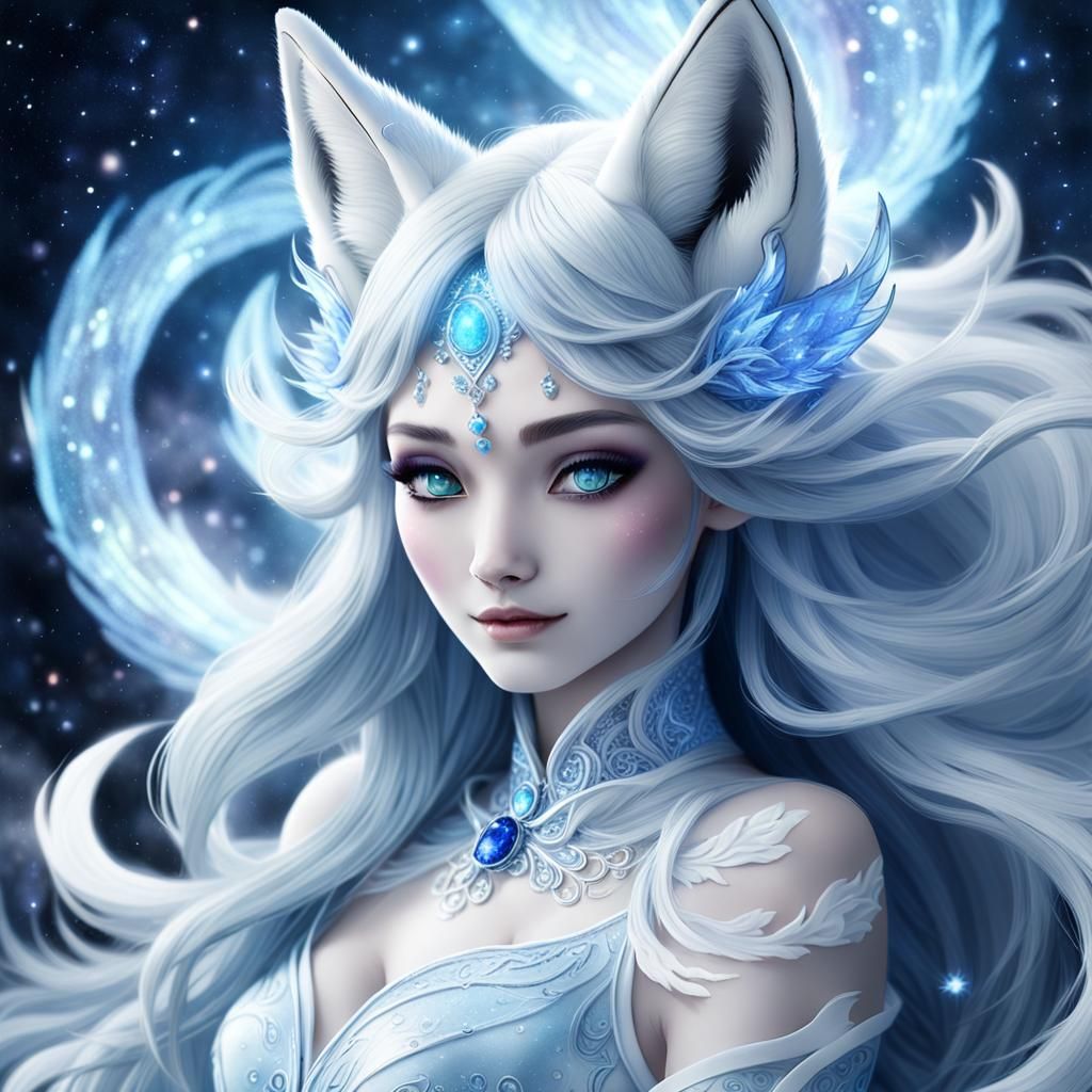 Angelic Frost Kitsune in Art Nouveau Style