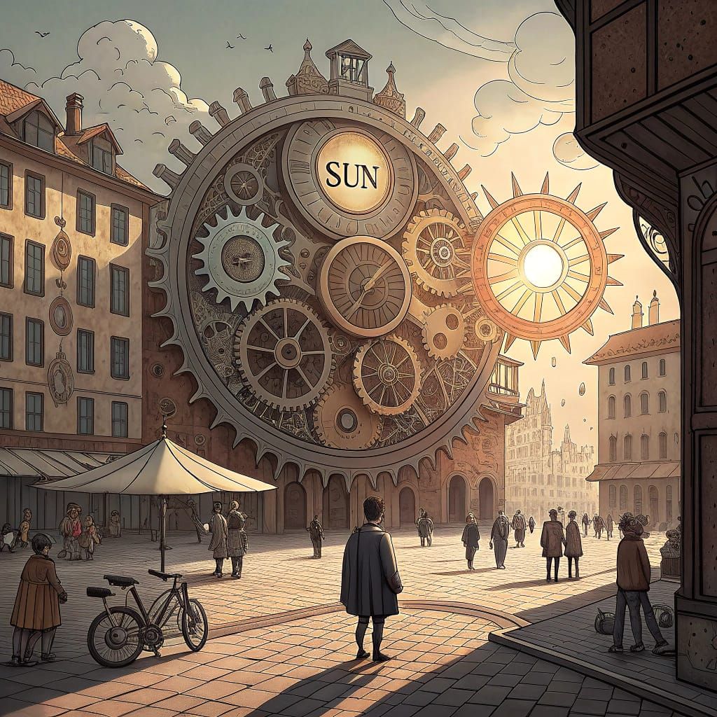Surreal Steampunk Town Square Under Mechanical Sun