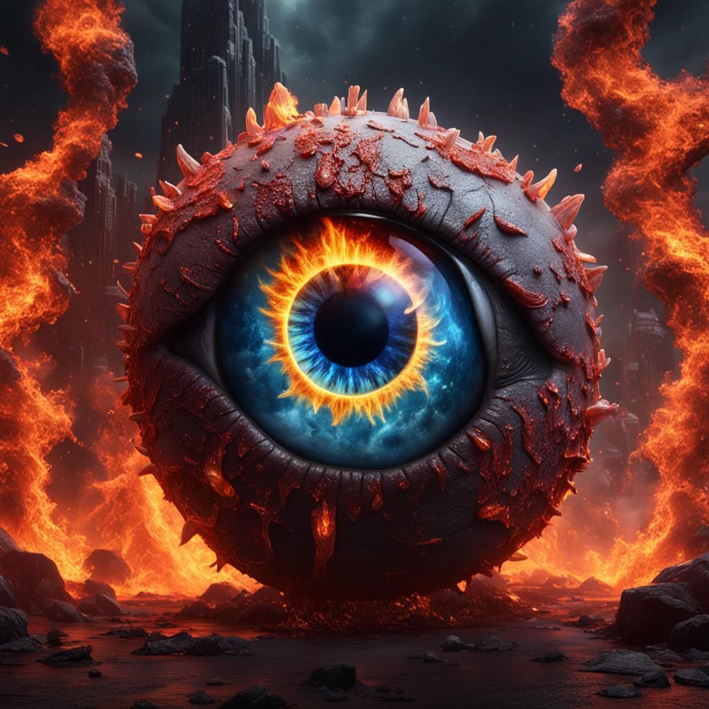 Giant Flaming Crystallized Eyeball in Detailed Matte Paintin...