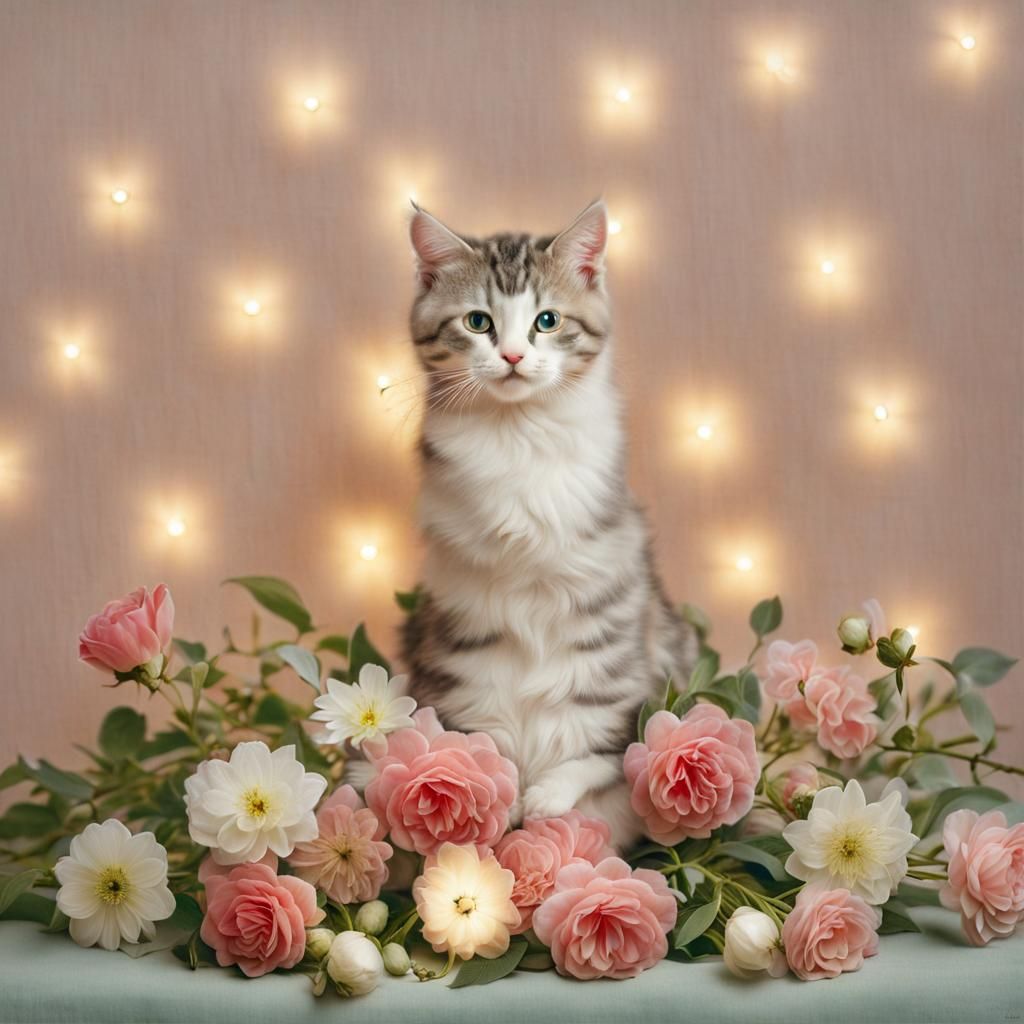 Cute Cat Surrounded by Flowers in Ethereal Style