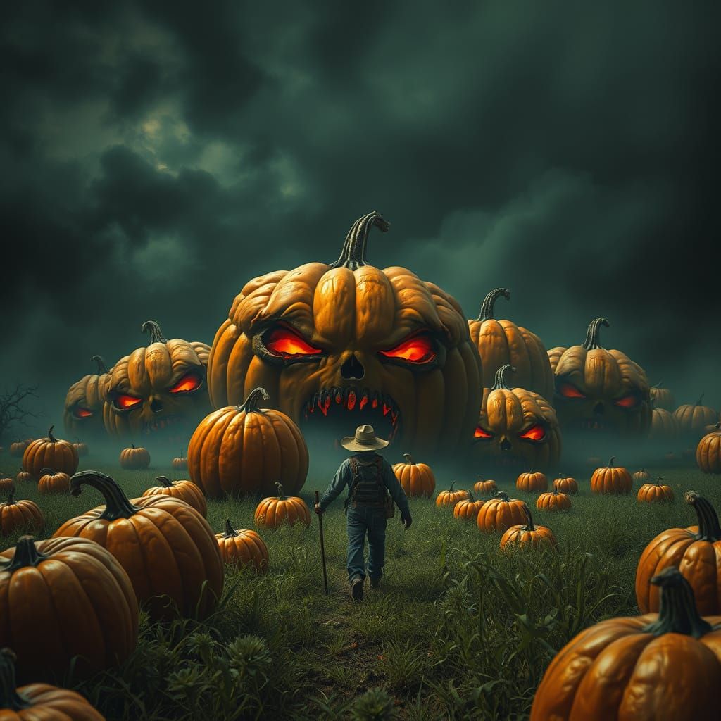 Menacing Pumpkins Chase Farmer in Gothic Horror Style