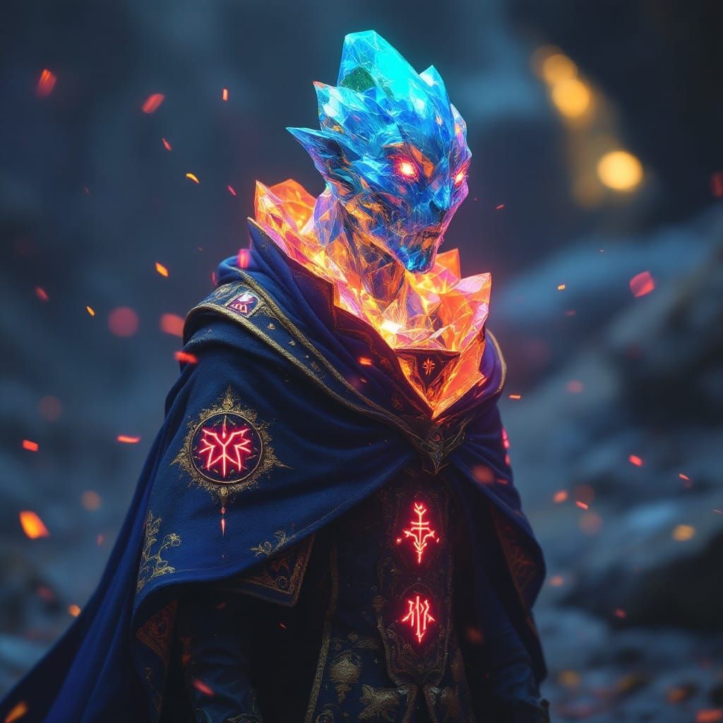 Crystal Creature in Ethereal Gold and Blue Robes with Radian...