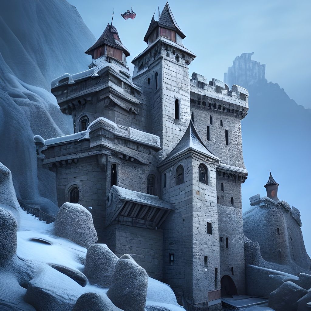 Mountain Castle with Stone Stairs in Cinematic Style
