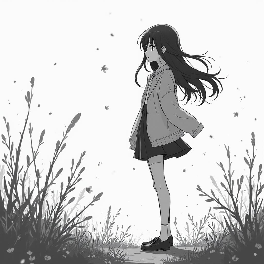 Monochrome Anime Girl in Ghibli-Inspired Landscape