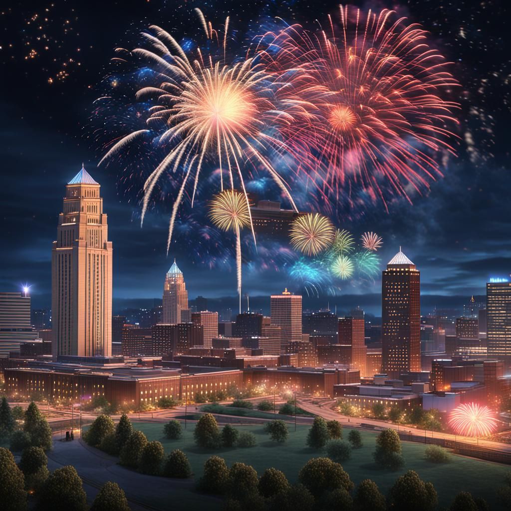 Akron Ohio Skyline at Night with Fireworks