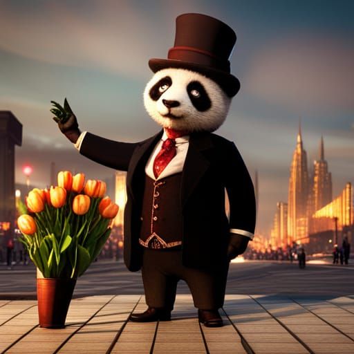 Steampunk Panda Businessman Buys Tulips