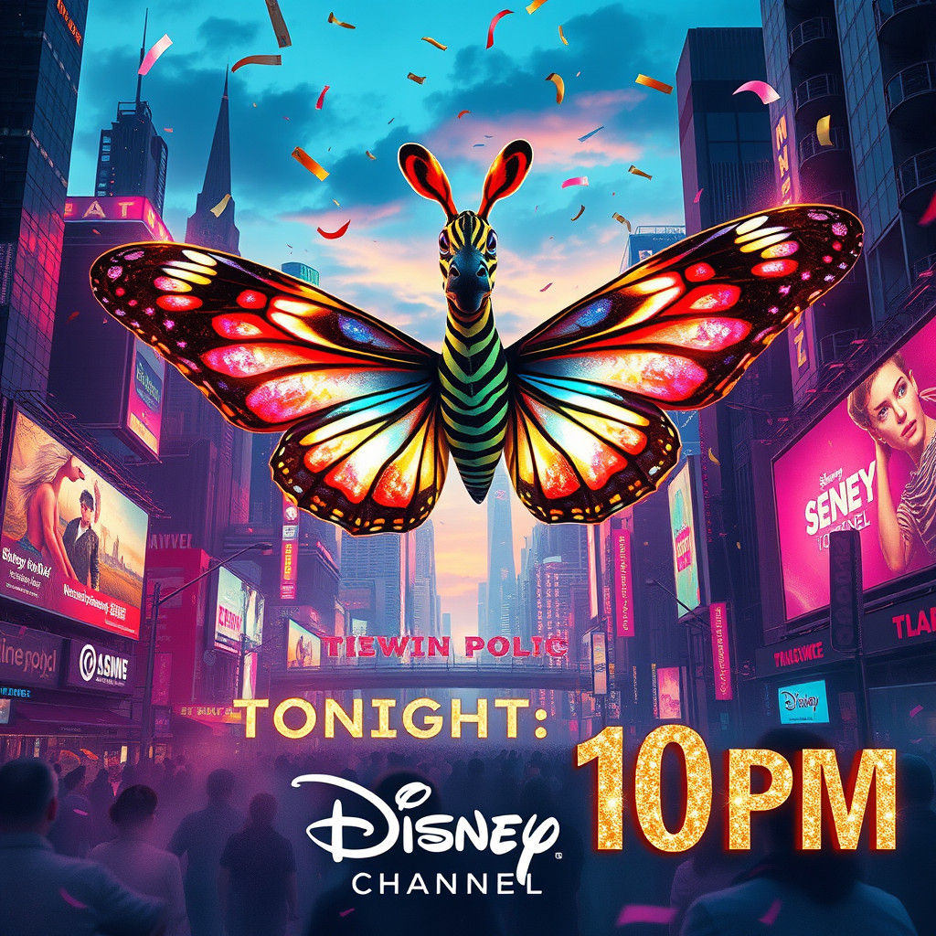 Glowing Zebra Butterfly Emerges in Neon Cityscape