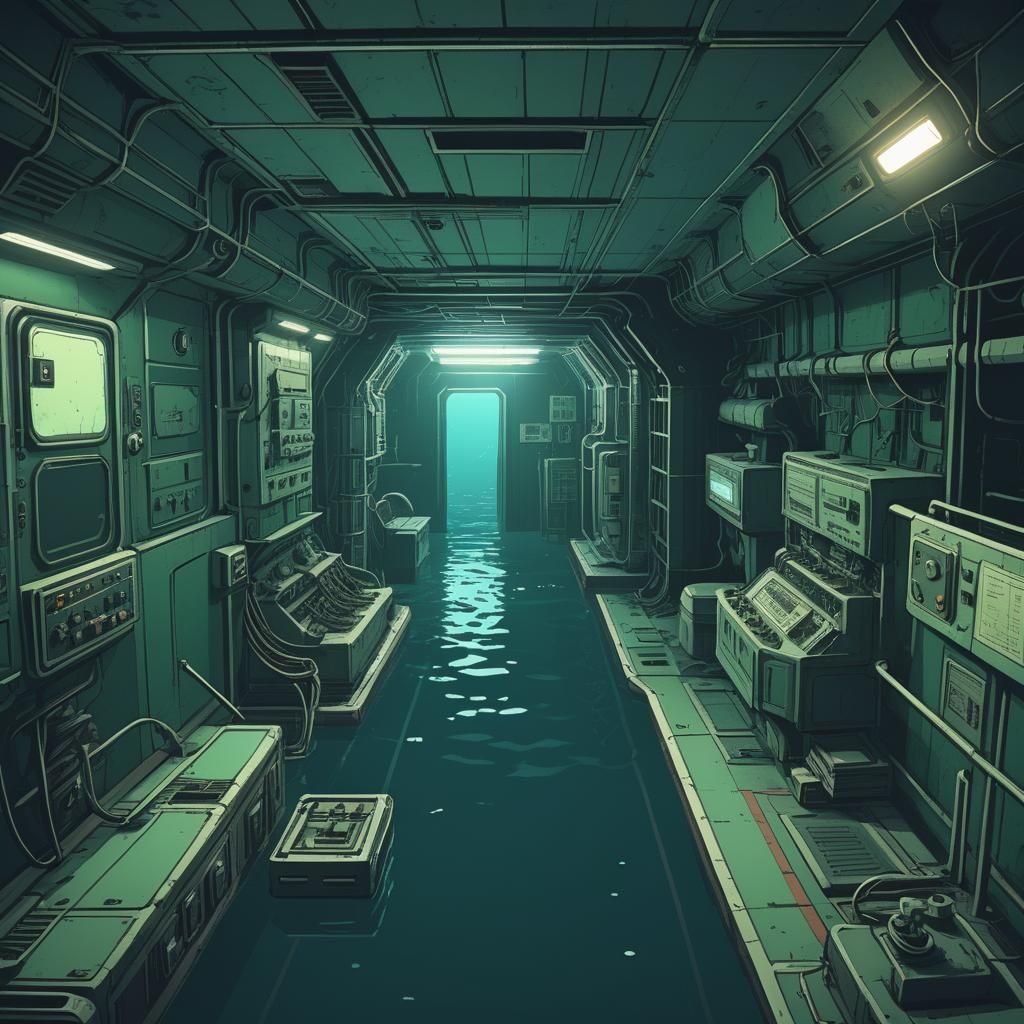 Eerie Underwater Research Center in Retro Game Style