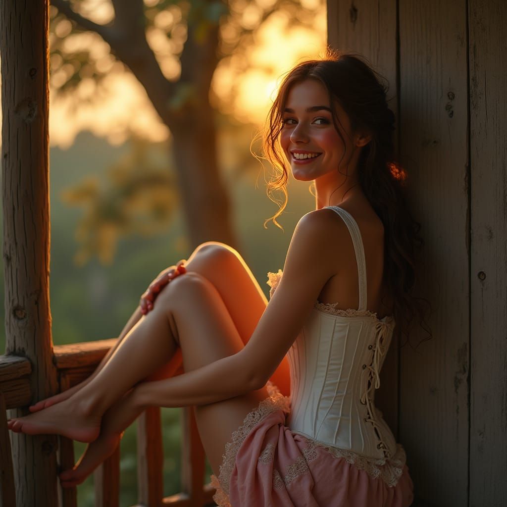 Woman on Balcony in Alphonse Mucha Style