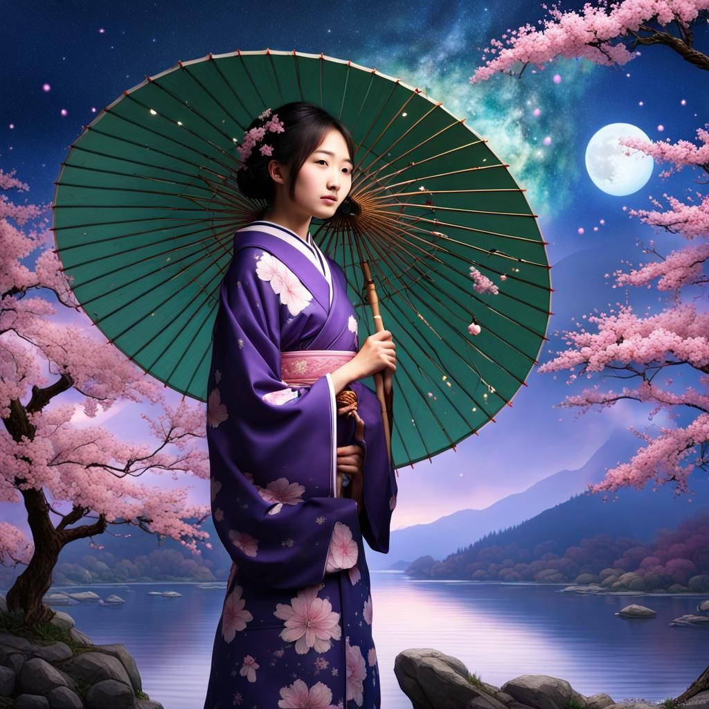 Japanese Girl in Galaxy Landscape with Cherry Blossoms
