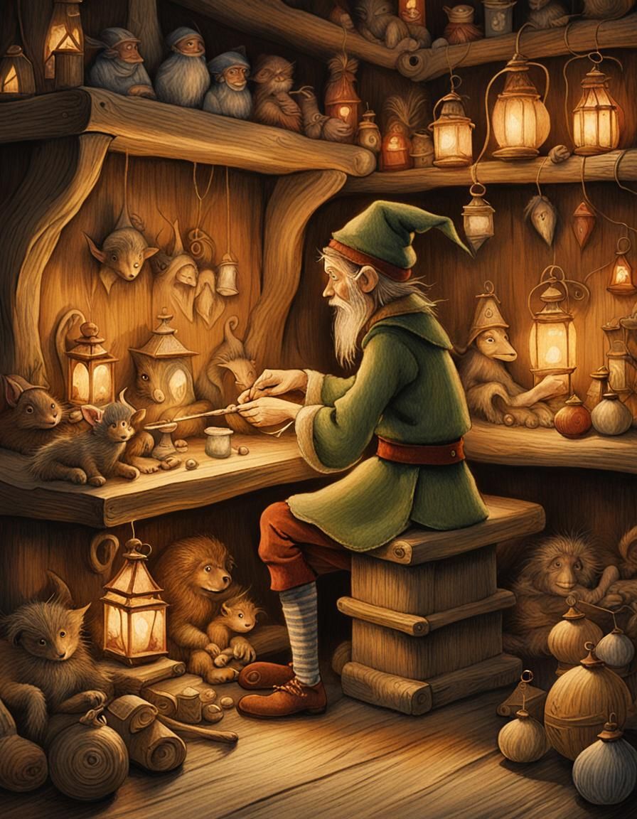 Mystical Christmas Elf in Folk Art Style