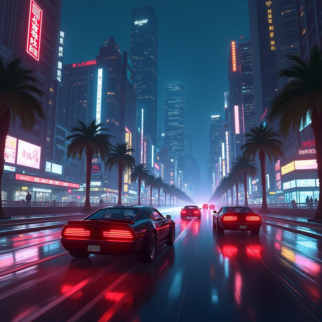 Cars Speeding Through Neon Cityscape