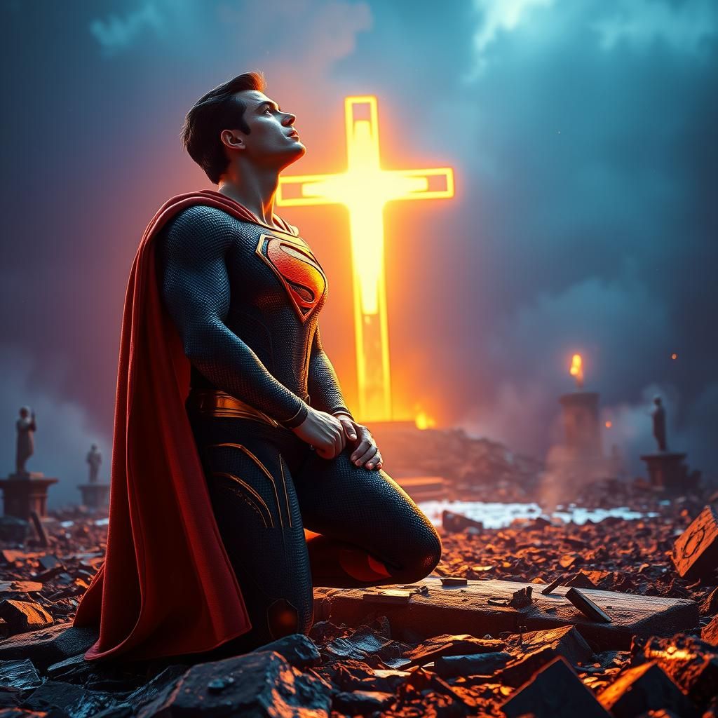 Superman kneeling before the glorious holy cross on a battlefield