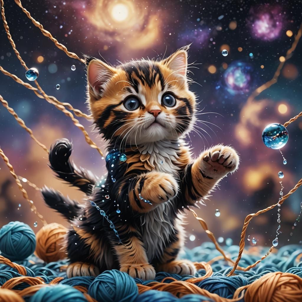 Calico Kitten Plays With Yarn in Galaxy - Digital Art