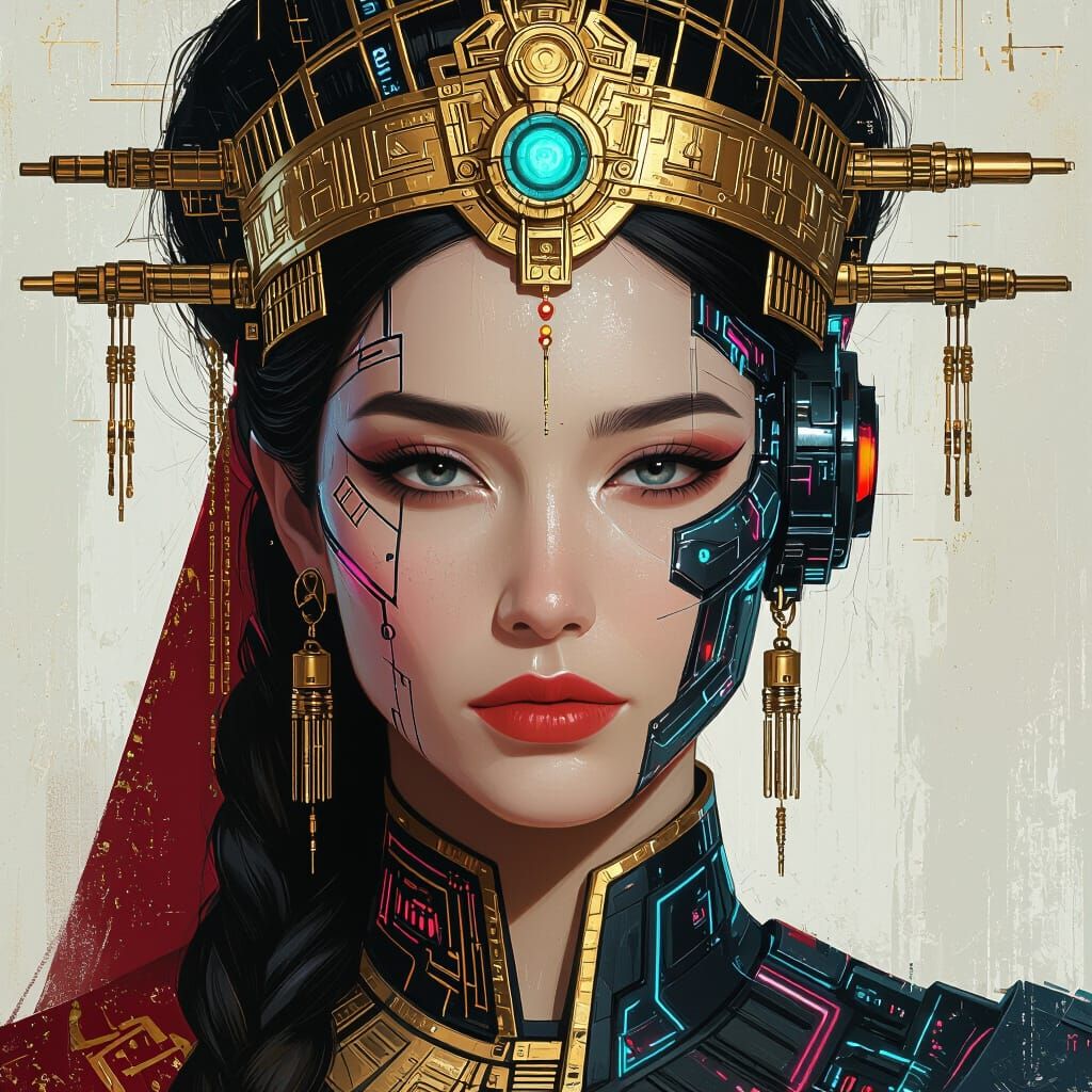 Portrait of Regal Woman in Cyberpunk Style
