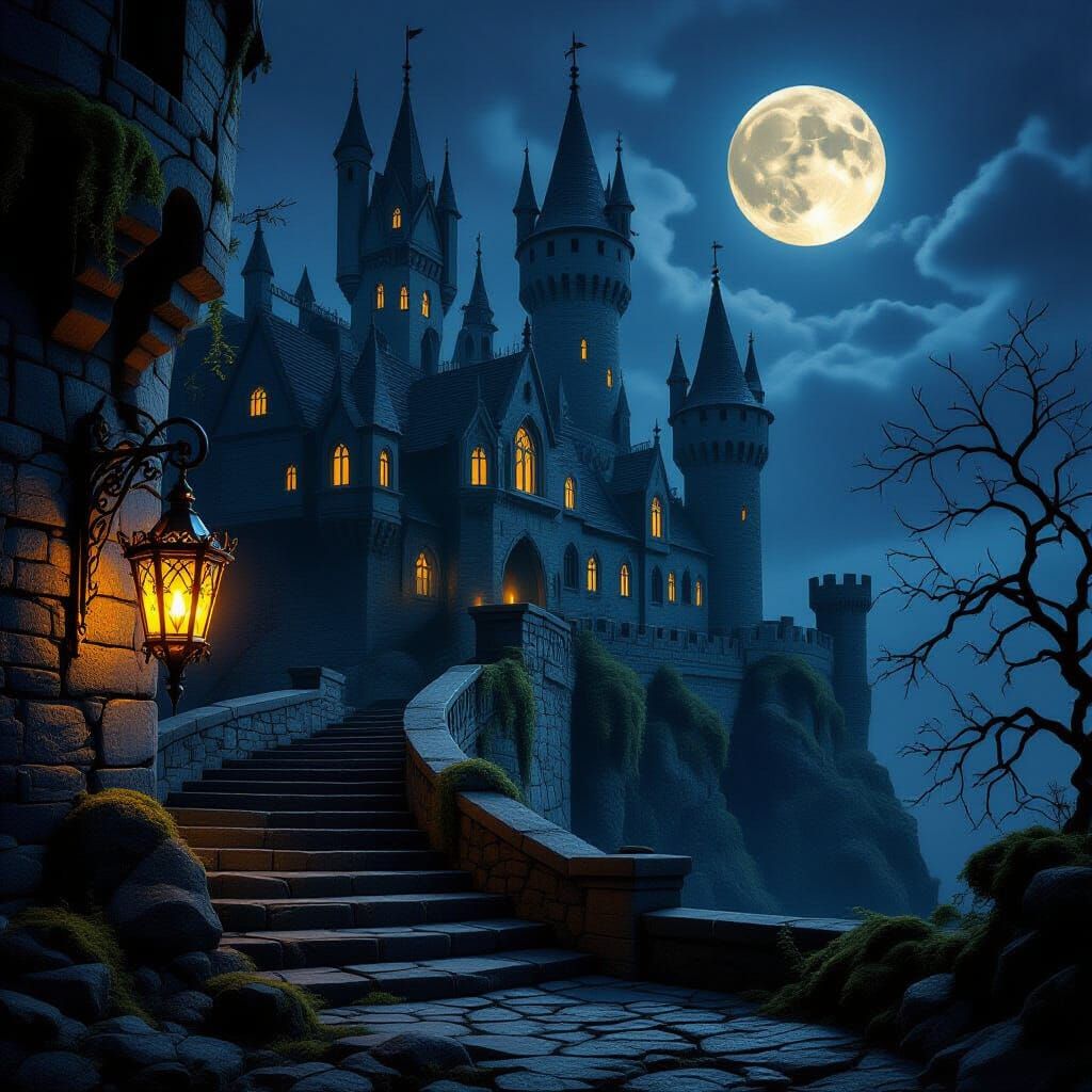 Gothic Castle Under Full Moon with Ornate Lantern