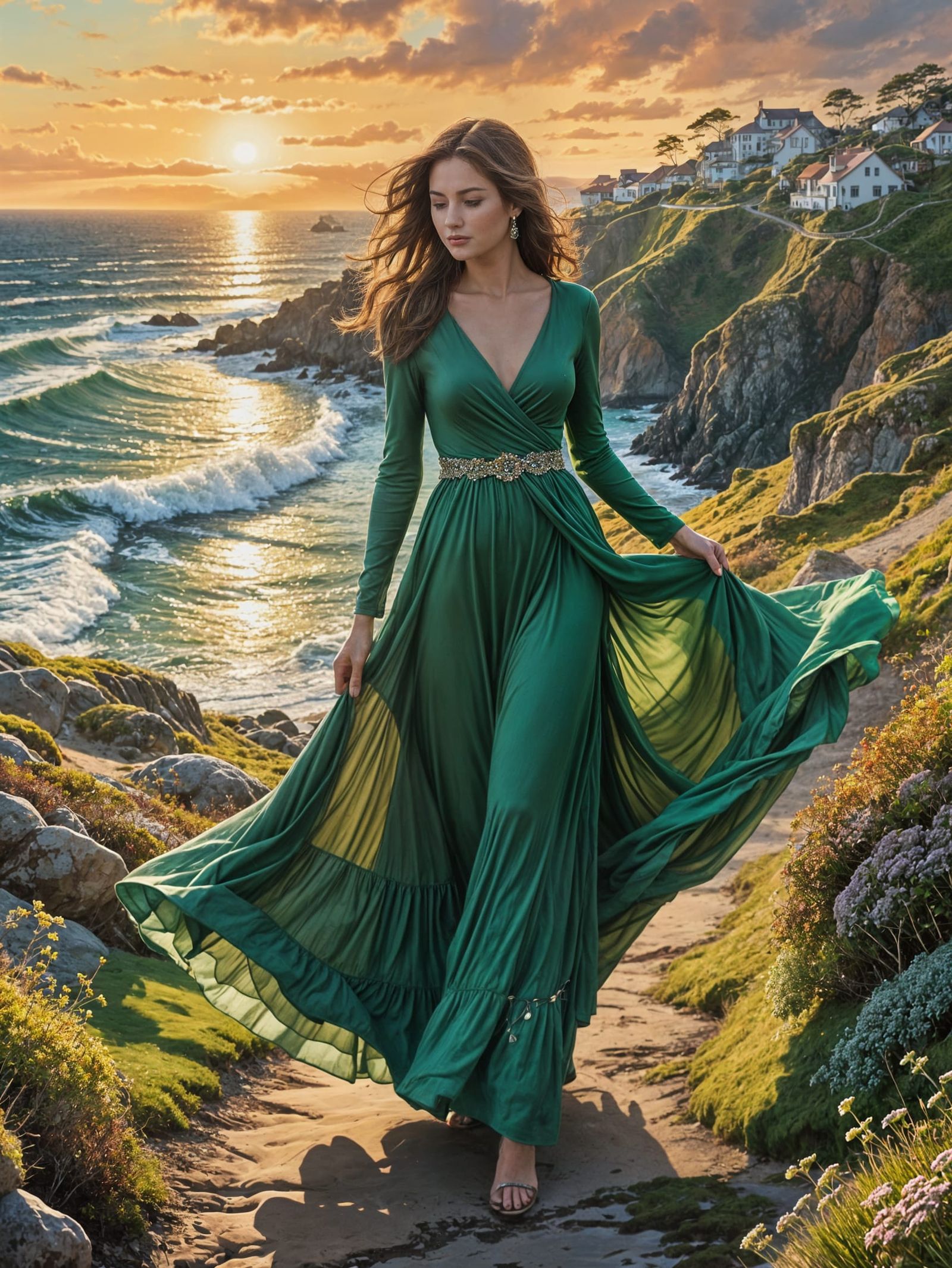 Brownhaired Woman in Moss Green Maxi Dress with Crystals Wal...