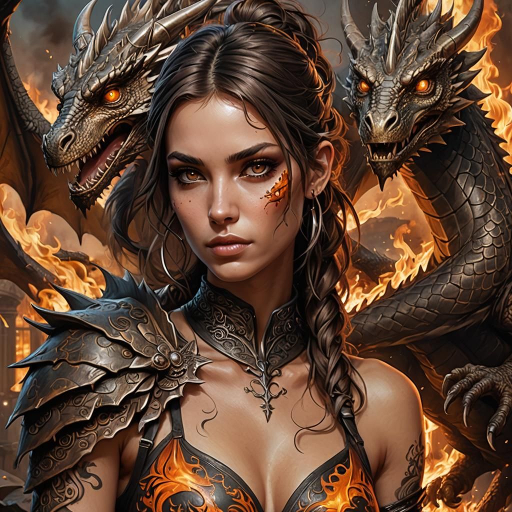 Fantasy Girl with Dragon Tattoo Art in Dark Orange