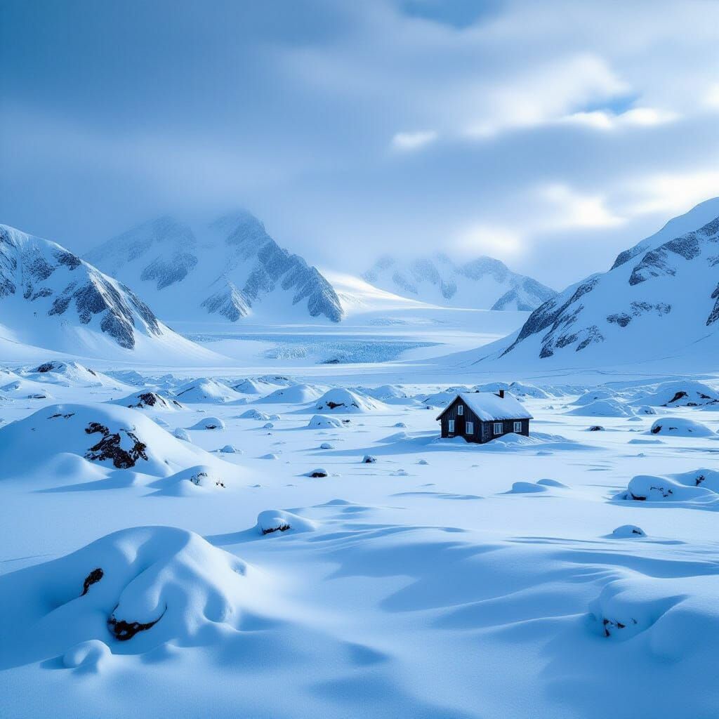 Antarctic Snowy Mountains With Abandoned Cabin