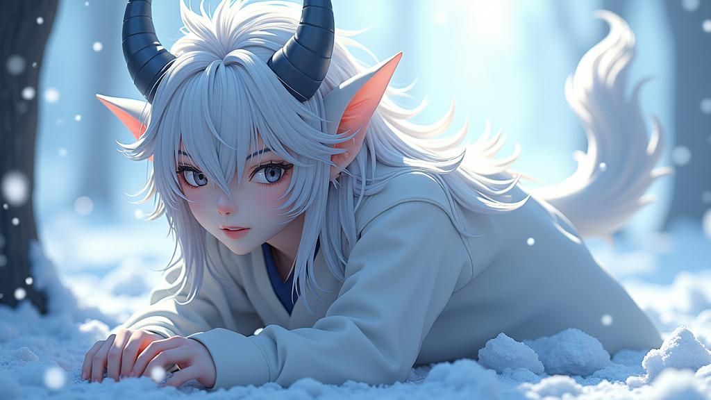 Anime Style Androgynous Demon in Icy Landscape
