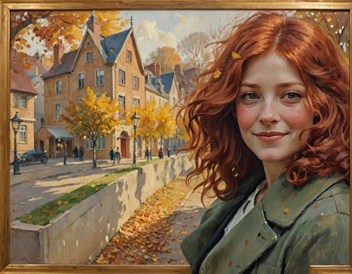 Impressionist Woman with Red Hair in Autumn Sunlight