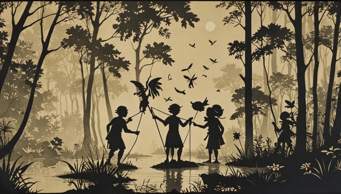 Childhood Friends Swimming: Silhouette Animation in Golden R...
