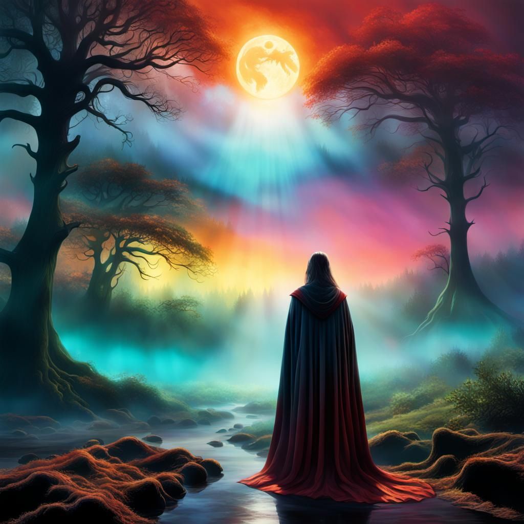 Ethereal Woman Stands at Forest's Edge in Moody, Surreal Lan...