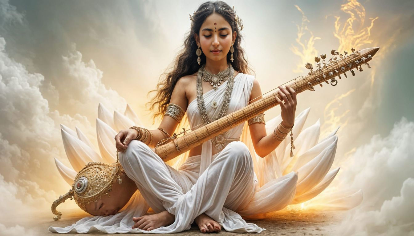 Goddess Saraswati Serenely Plays the Veena on a White Lotus