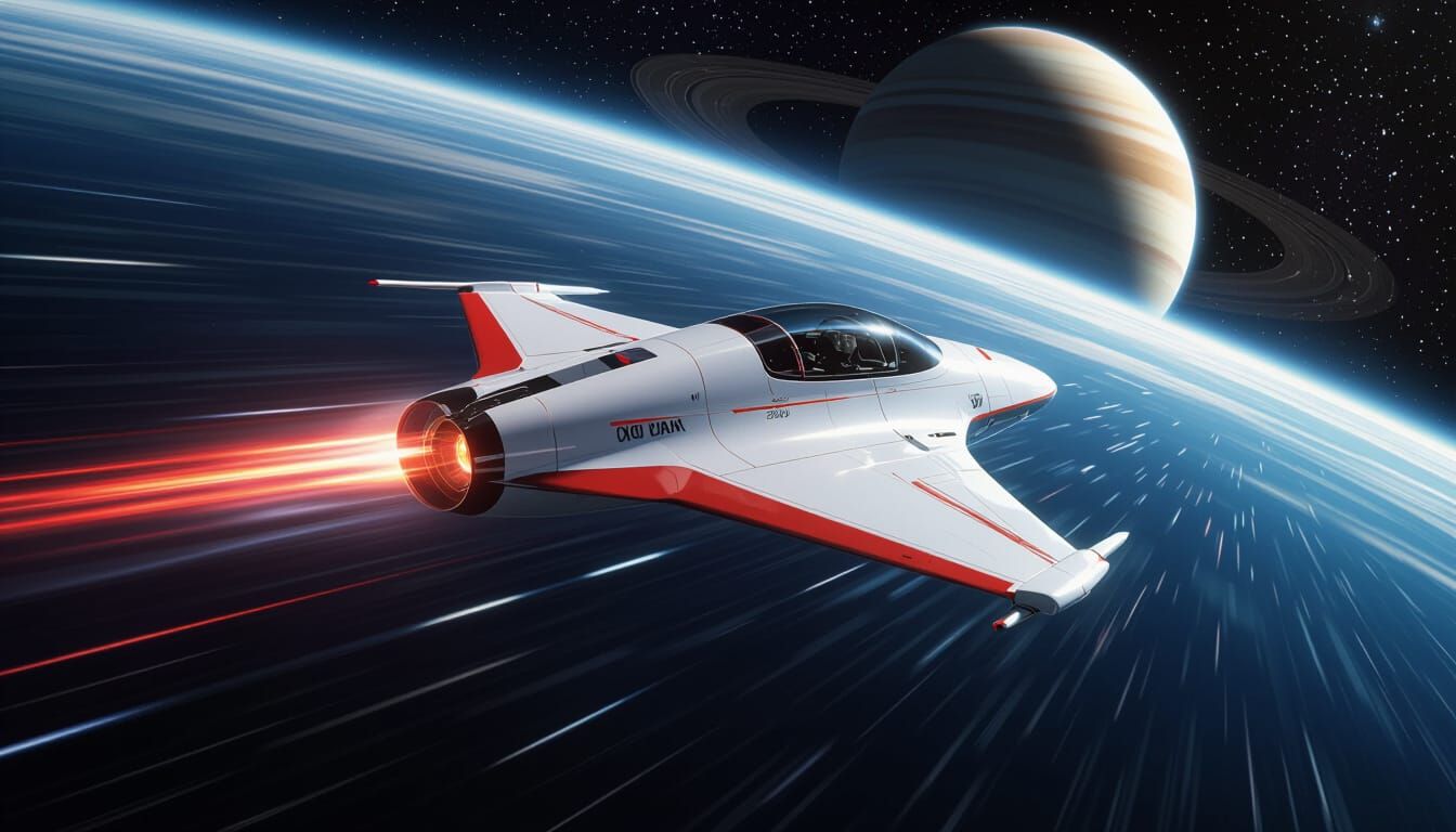 Futuristic Spaceship Streaking Through Space Near Ringed Pla...