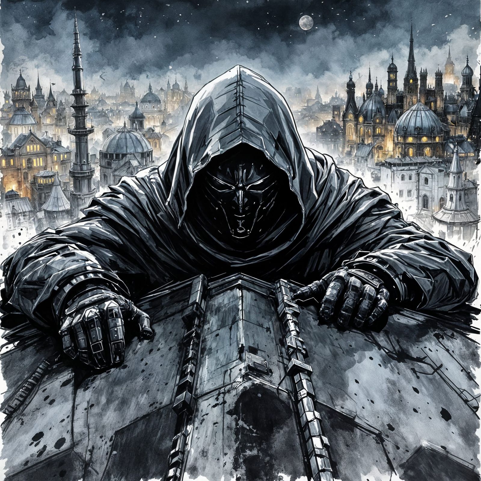 Magitech Spy Rogue Peeking in Fantasy City