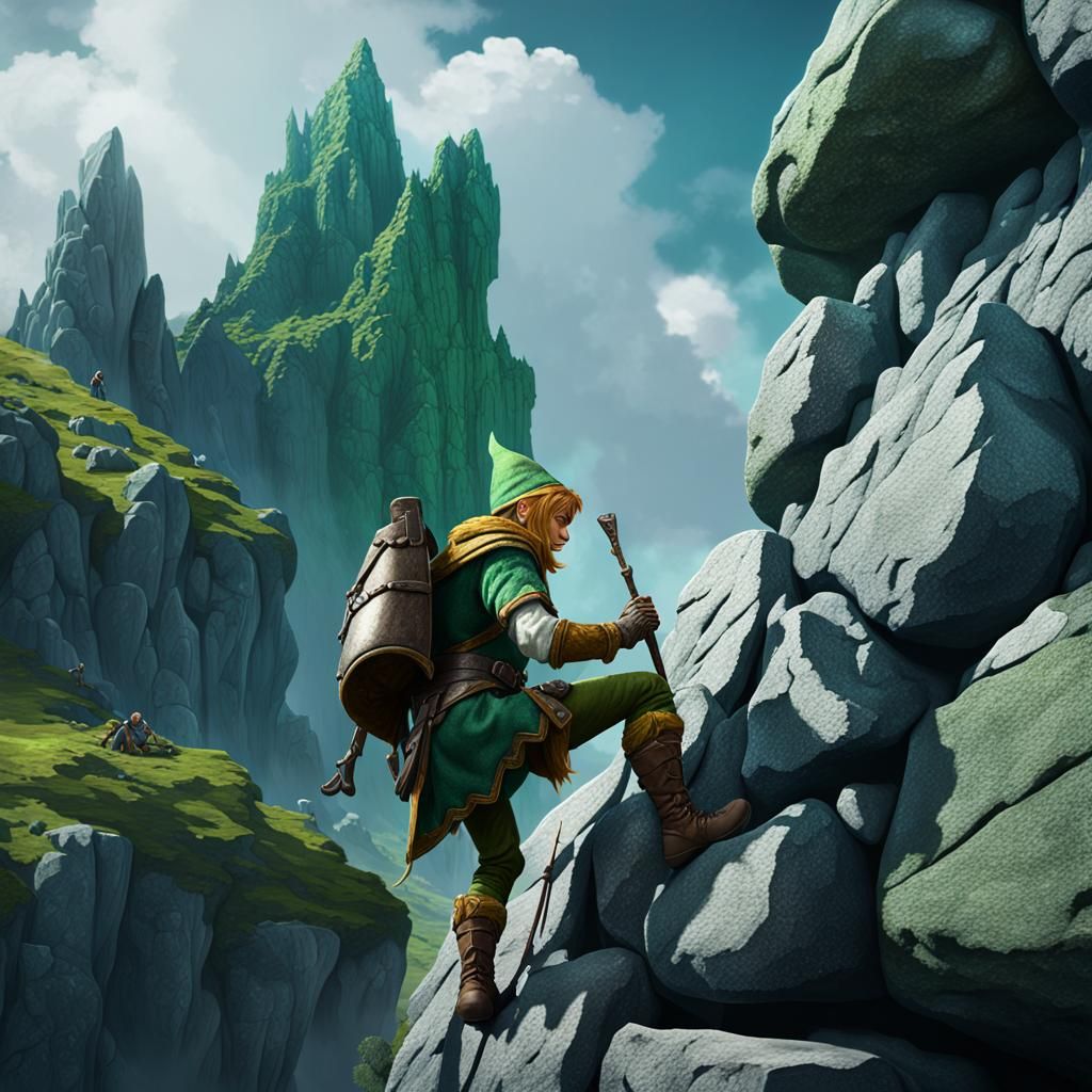 Fantasy Elf Climbs Cliff: DND Concept Art