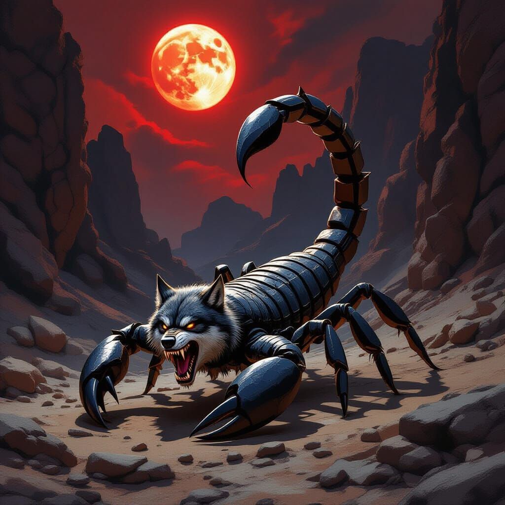 Scorpion Wolf Hybrid Snarling Under Blood Moon