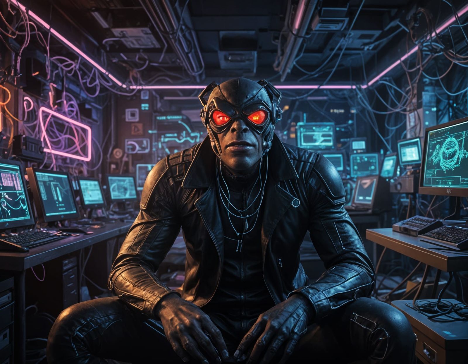 Cyberpunk Frog Supervillain in Gritty Server Room