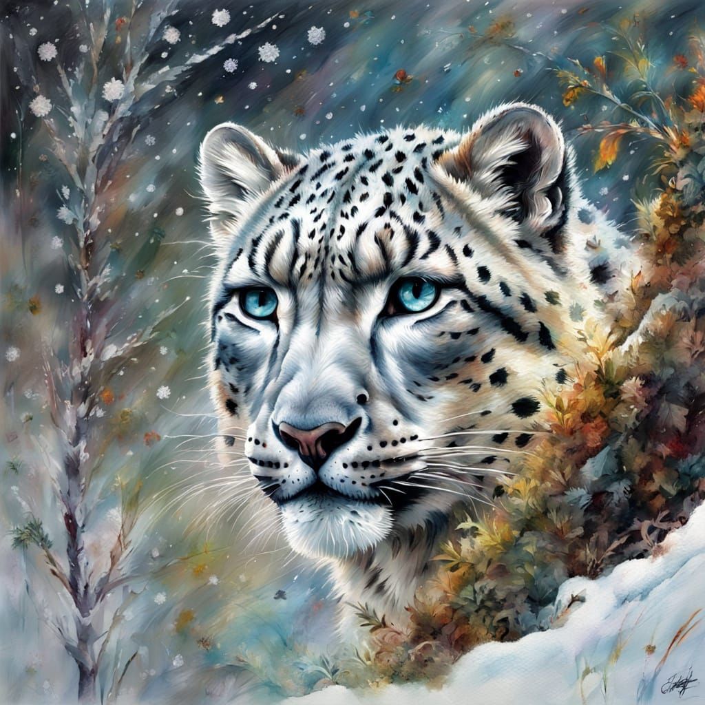 Snow Leopard Lurking: Hyper-Realistic Oil Painting