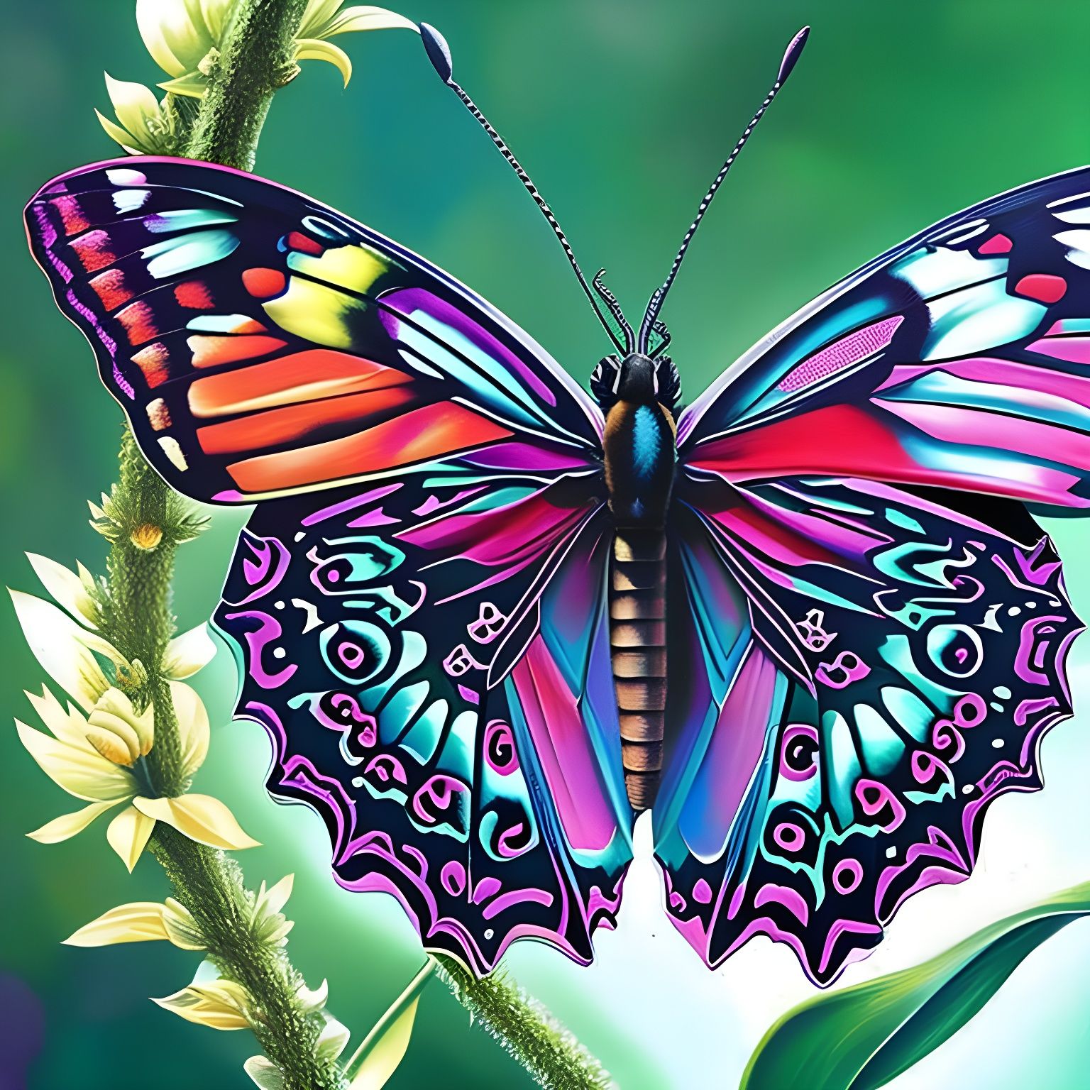 Butterflies on Rose: Digital Illustration Art