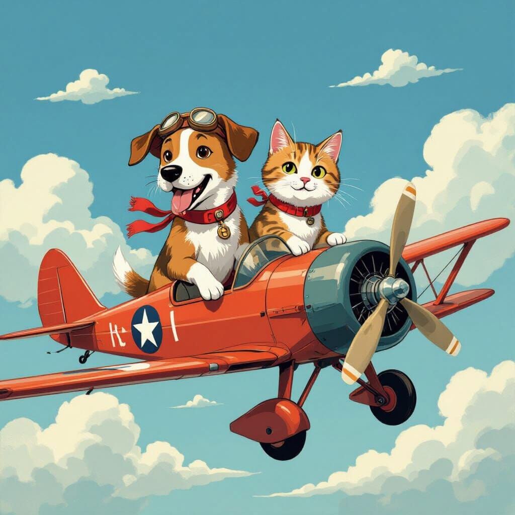 Whimsical Cat and Dog Pilot Vintage Plane